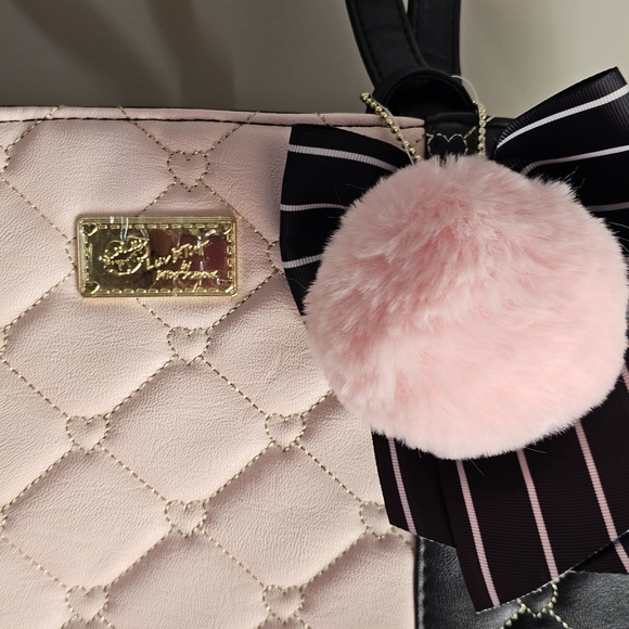 Betsey Johnson Quilted Black and Pink Tote with Pom-Pom - Picture 2 of 4